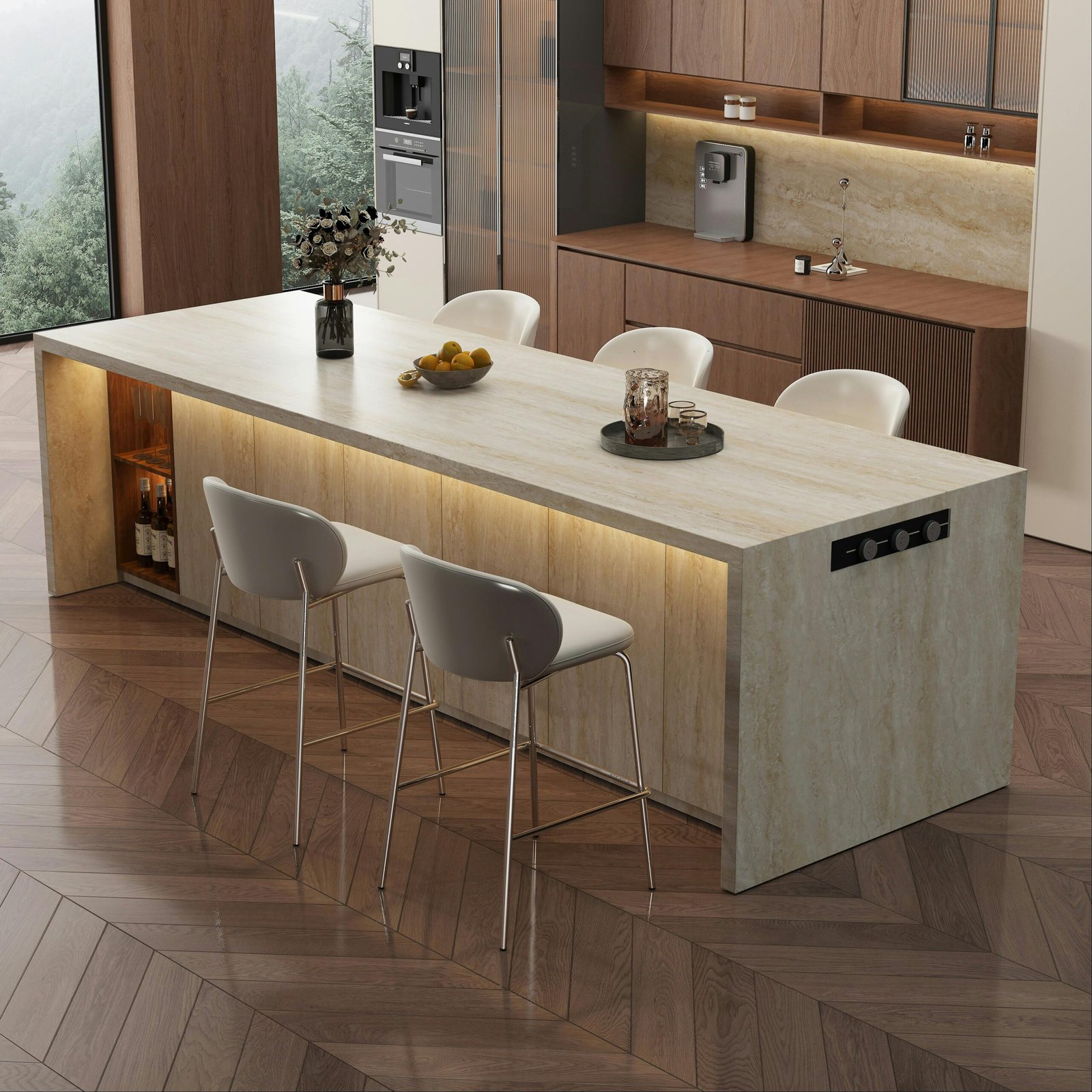 Sleek and modern kitchen interior with elegant island counter and stylish decor.